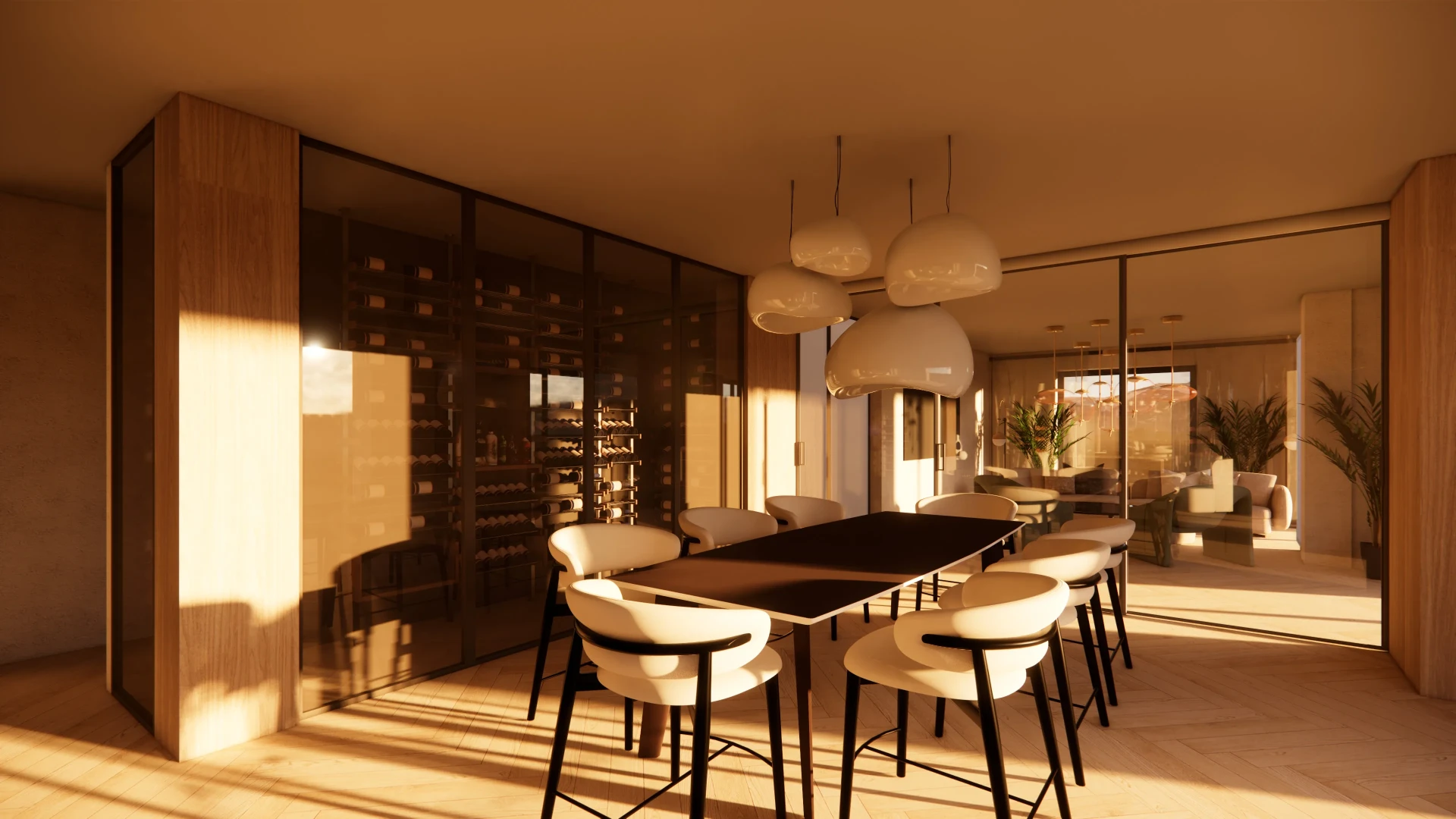 Salle à manger contemporaine avec cave à vin vitrée baignée de lumière