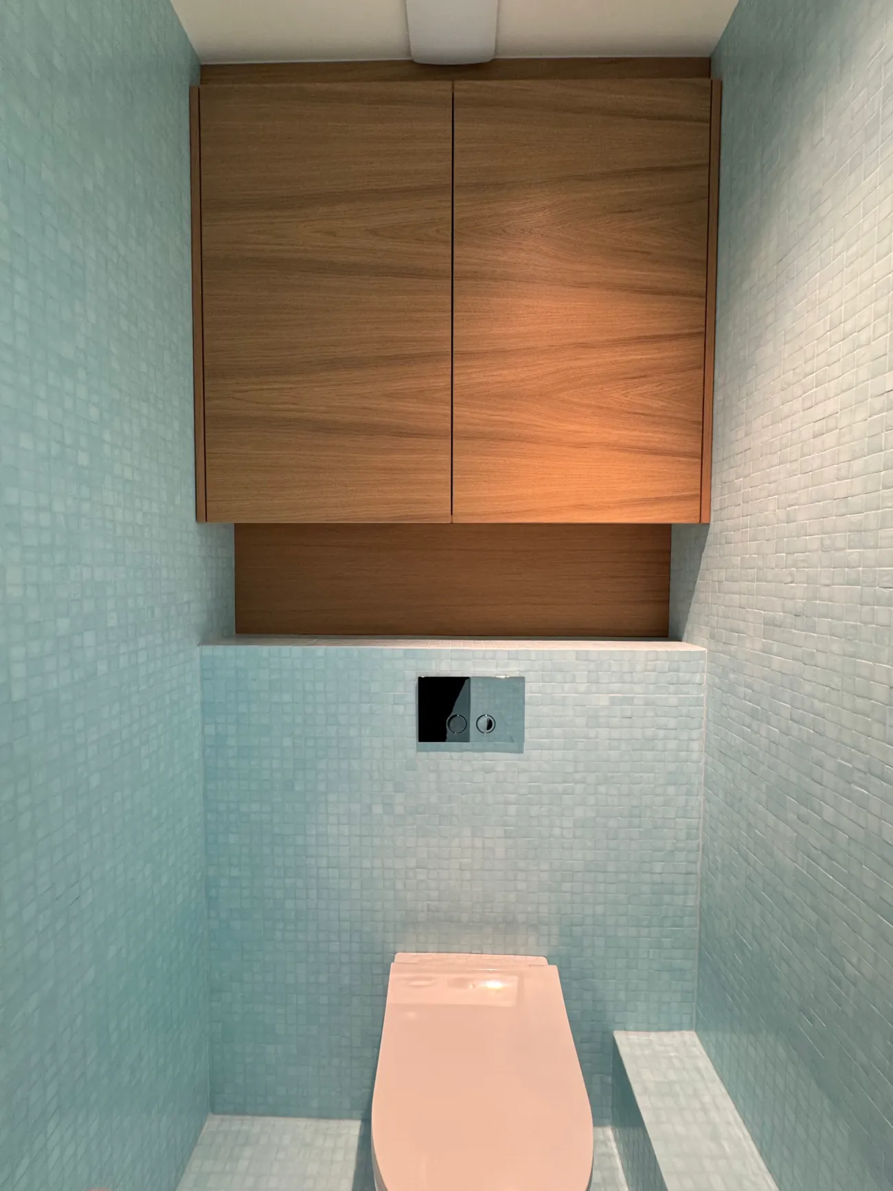 WC habillé de mosaïque bleue avec meuble en bois