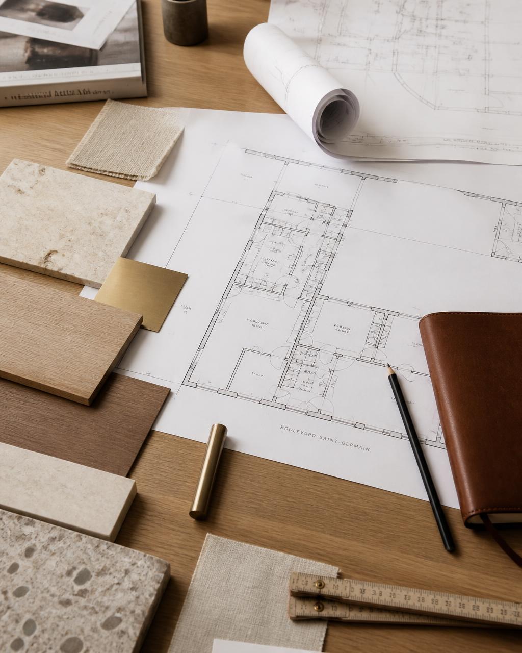 Plans d'aménagement et échantillons de matériaux sur une table
